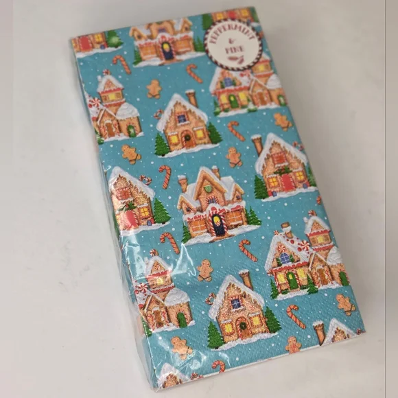Peppermint‎ Gingerbread Village Blue Christmas Napkin Set