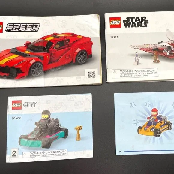 3 LEGO Sets: 75333 Star Wars Starfighter, 76914 Ferrari, 60400 Go Karts -Manuals