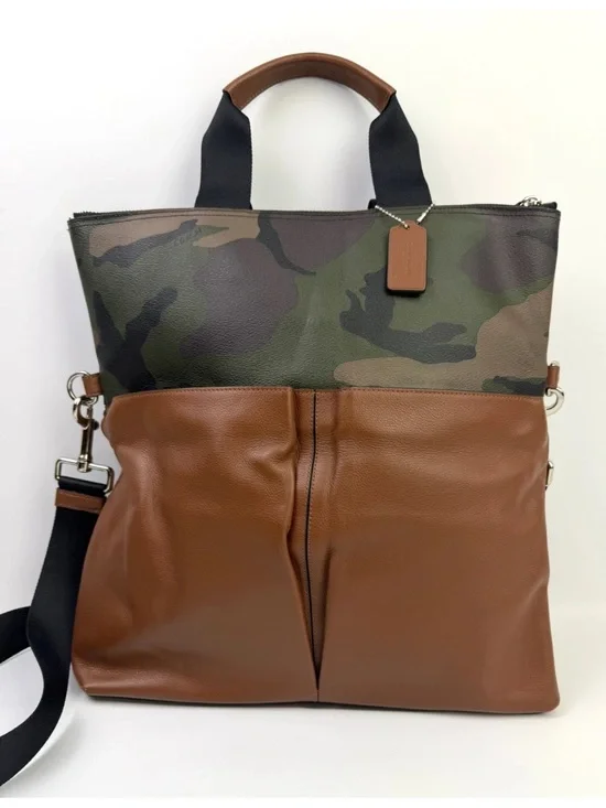Coach Camouflage Foldover Crossbody Tote Bag Brown Leather Utility Unisex