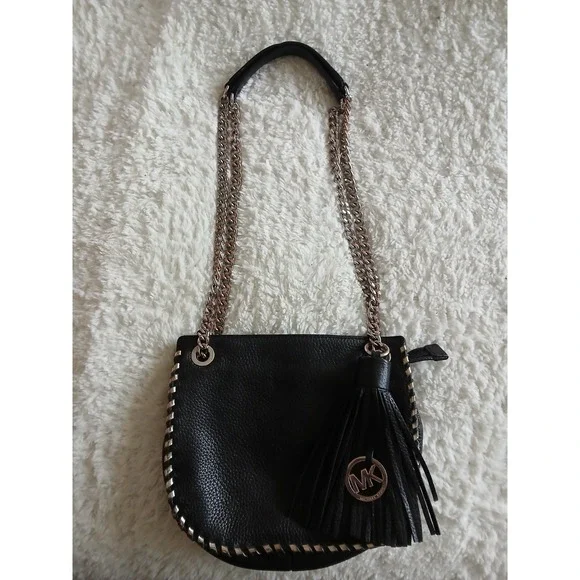 Michael Kors Small Black Whipped Chelsea Leather Messenger Bag Tassel Logo