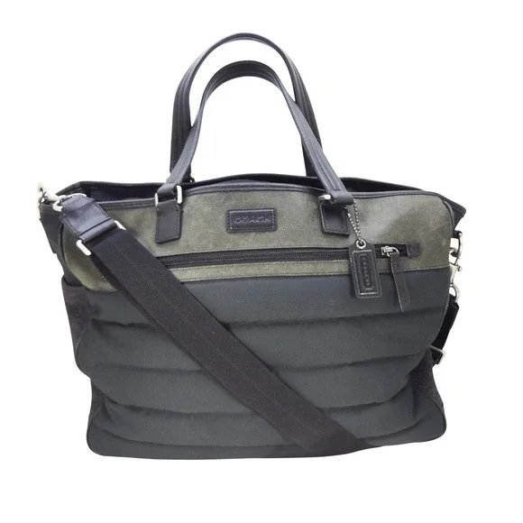 Coach Thompson‎ Mixed Media Puffer Weekender Tote Black Olive Green Nylon Suede