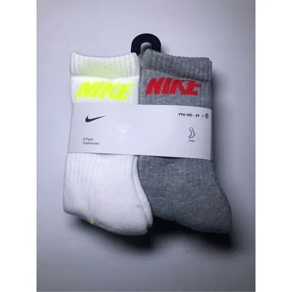 Nike Boys Cushioned Crew Socks 6 Pack (Grey/White) size 10C-3Y