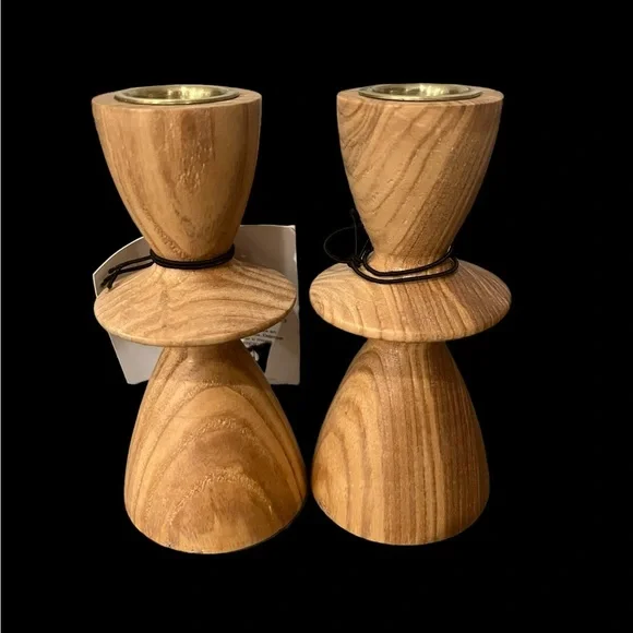 NWT West Elm Wood Taper Candle Stick Holder #2352 ~ Set of 2