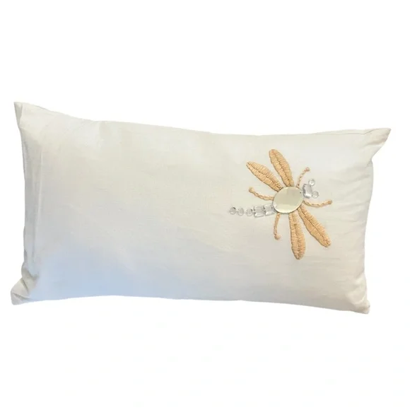 West Elm Dragonfly Beaded White Gold Canvas Pillow Cover NWT