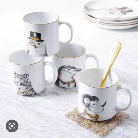 WEST ELM Gilded Dapper Animal Complete Mug Set of (4)
