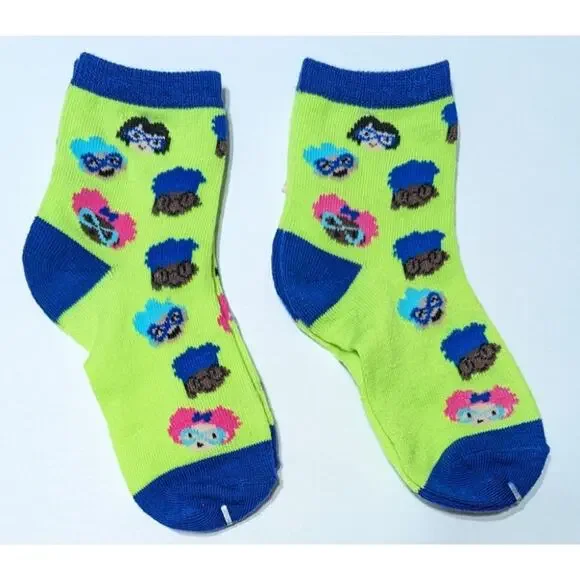 Girls Ankle Socks Silly Fun Novelty Little Faces Green Blue, 2 Pair, Size 7-8.5