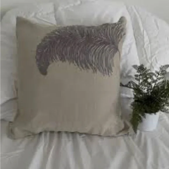 West Elm gray feather on beige linen pillow cover. Set of two