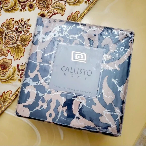 Callisto Home Velvet Metallic Foil King Size 3 Piece Luxury Duvet Cover Set New