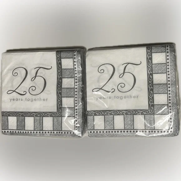 ❌25th Anniversary Beverage Napkins Silver White Strip 4 7/8” 16 Count 2 PKS
