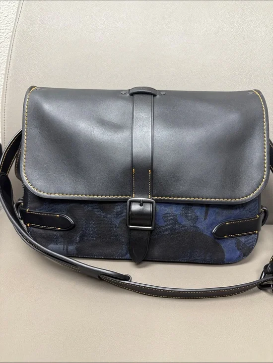Coach Gotham Black Leather & Navy Denim Camouflage Messenger Bag