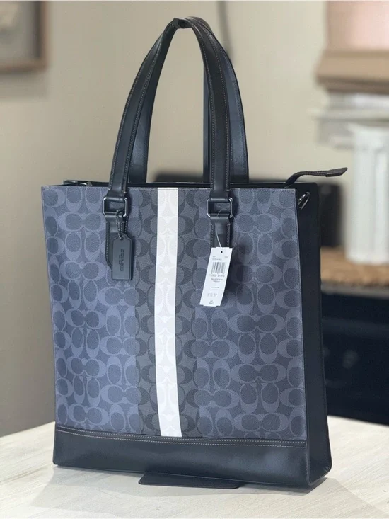 Coach Men’s Graham Signature Stripe Crossbody Tote Bag in Charcoal/Blue/White