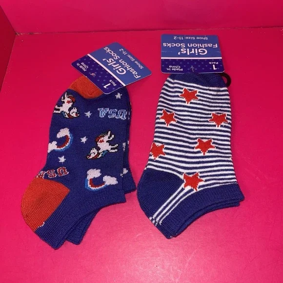 Girls Fashion Socks, Unicorn Patriotic / Stars Flag (11-2) 2PK‎