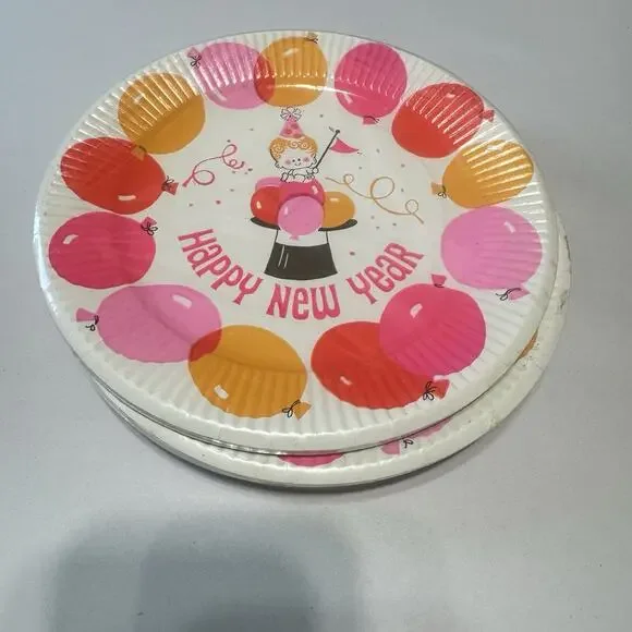 Vintage 70s Happy New Year Party Cake Dessert Plates American Greetings New