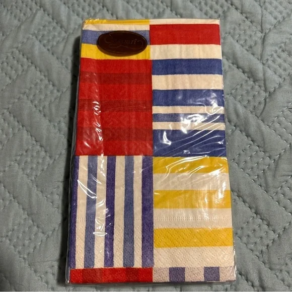 Caspari Striped Patchwork Blue 15 Triple Ply Napkin 33cmx40