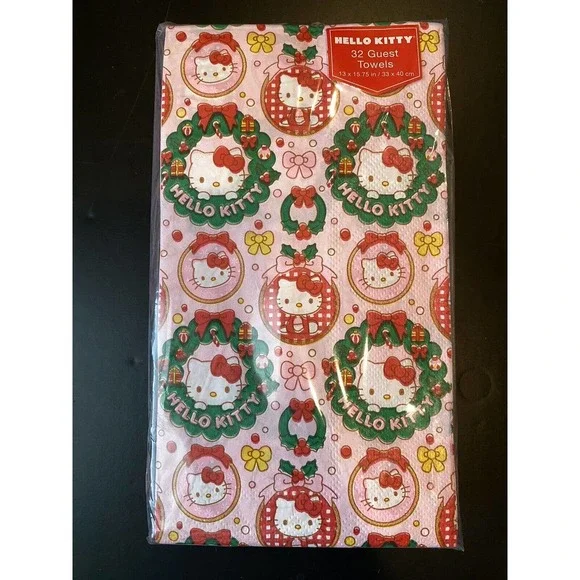 HELLO KITTY Holiday CHRISTMAS WREATHS 32 Guest Towels 3-Ply‎ Paper Party Napkins