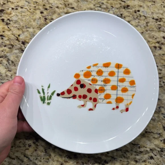 West Elm dinner plate spring time “mixed media” hedgehog
