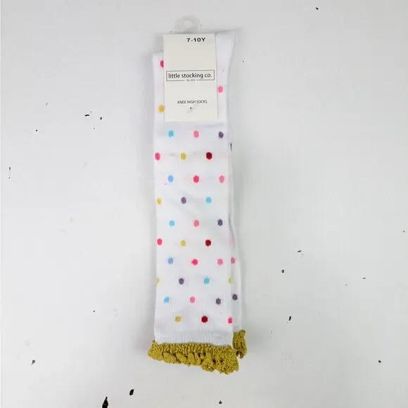 Little Stocking Girls 7-10Y White Dots Gold Lace Knee High Socks
