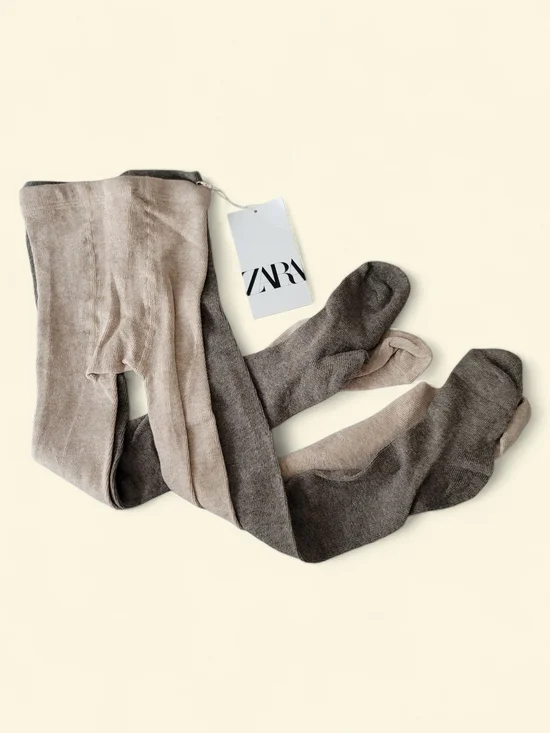 NEW Zara Girls 4-6Y Taupe/Oatmeal Neutral Tights Minimalist Winter Fall 2-Pack