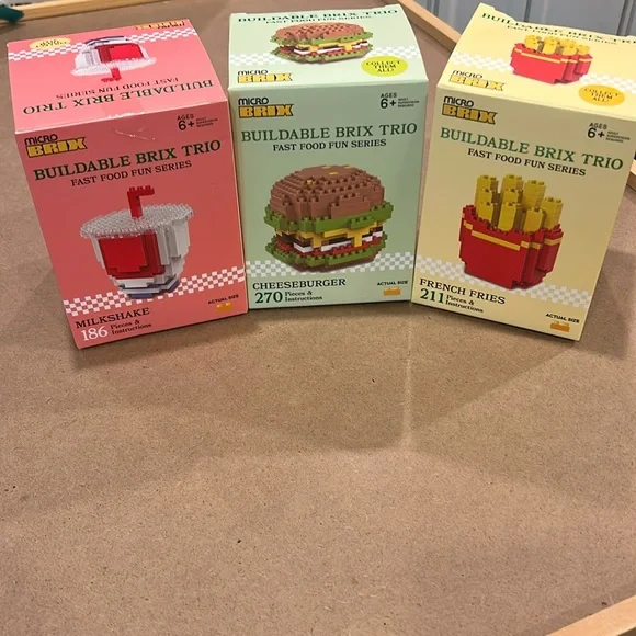 BUILDABLE BRIX TRIO- FAST FOOD FUN SERIES; MILKSHAKE, CHEESEBURGER, FRENCH FRIES
