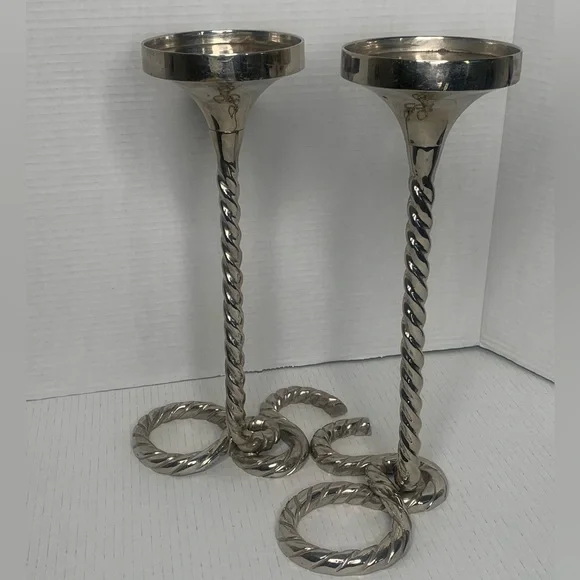 WEST ELM SILVER DECORATIVE SPIRAL PILLER CANDLE HOLDERS 3x3 size