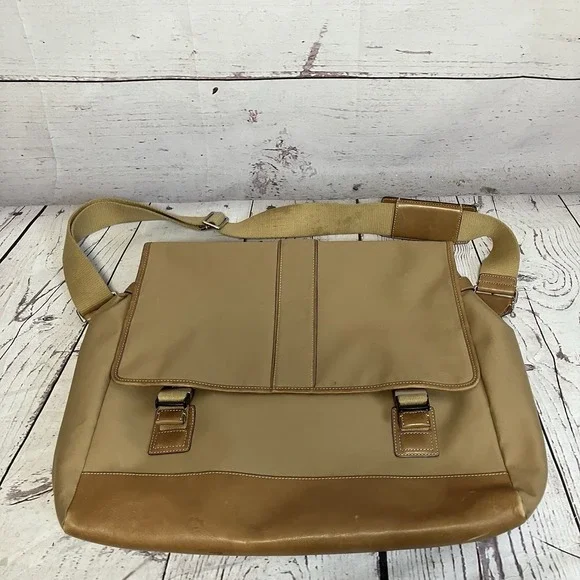 COACH Tan Canvas Leather Messenger Travel‎ Bag Office Briefcase