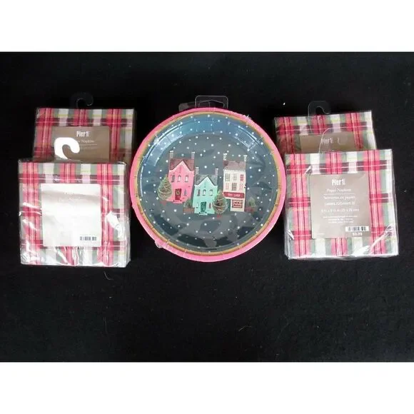 Pier 1 Imports Lot of Christmas Salad/Dessert Paper Plates/Napkins Village Night
