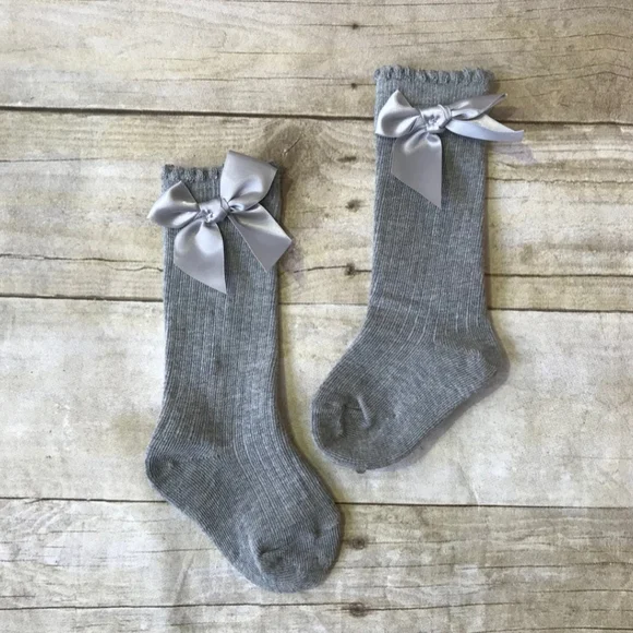 Boho Baby Girl Knee High Gray Ribbed Trouser Socks Satin Bowknot Accessory 6-9M