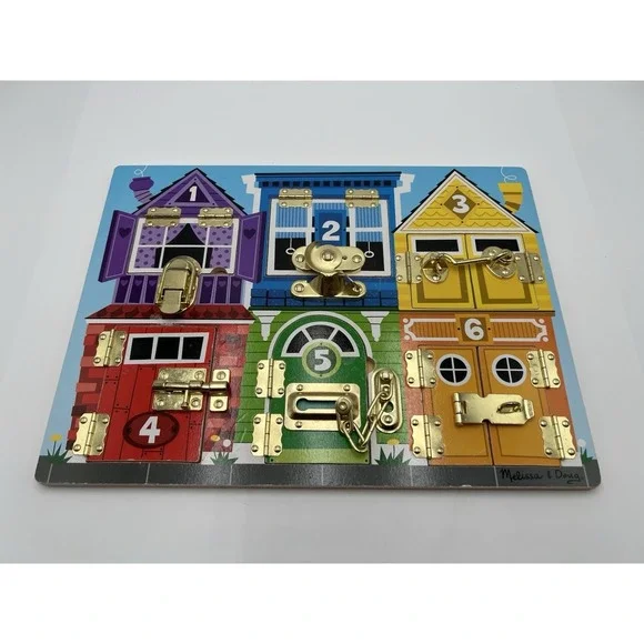 Melissa & Doug Wooden Locks And Latches Activity Board 6 Doors Hand Crafted