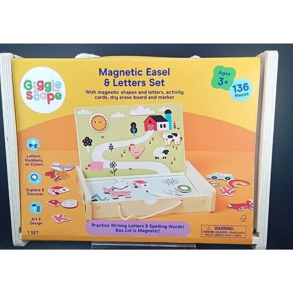 Gigglescape Magnetic Easel & Letters Set 136 Pieces Ages 3+ Wooden Box & Cards
