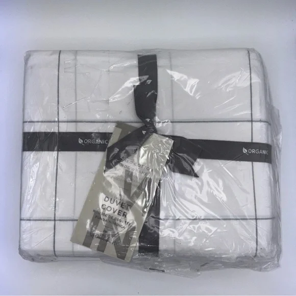 West Elm Washed Organic Cotton Twin Duvet Cover Windowpane White Black NIP