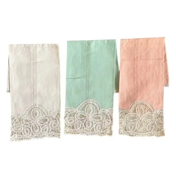 Antique Set of 3 Tape Lace Dinner Napkins Cotton Pastel Green Pink White 17