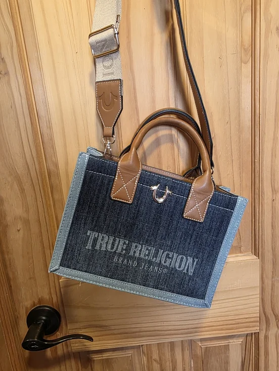 True Religion Denim Messenger Bag in Dark Blue with Brown Trim Brand New