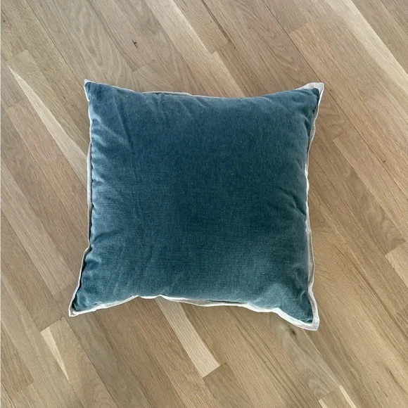 West Elm Blue Gray Velvet Square Pillow Cover with Beige Linen Piping Accent