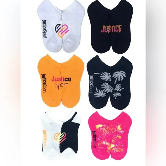 6 PK girl no show sports socks pink black white orange. Size L 4-10