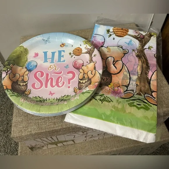 Winnie The Pooh Gender Reveal Party Paper Plates & Table Cover - Pink & Blue