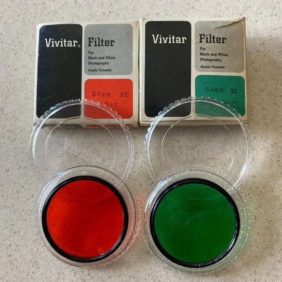 Vintage Vivitar Camera Lens Filters 52mm Red & Green for Black/White Photography