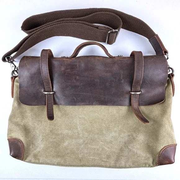 Messenger Bag Unisex Large Olive Brown Waxed Canvas Leather Rugged Gorpcore