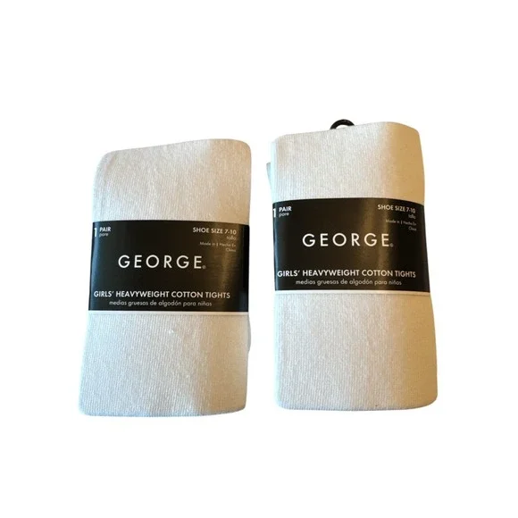 George‎ Girls Heavyweight Cotton Tights 2-Pair Pack White Shoe Size 7-10 NWT