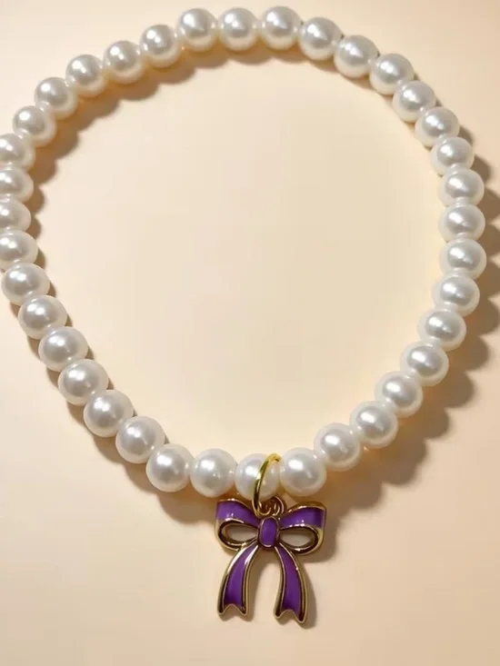 Purple Pearl Pet Collar Necklace with Bow – Small Adjustable Dog/Cat Jewelry