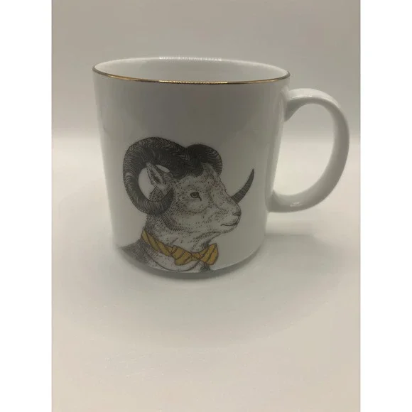West Elm Dapper Animal Mug Ram with Bow Tie Gold Rim Coffee Cup Rachel Kozlowski
