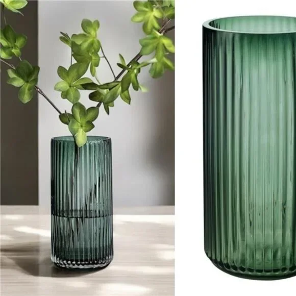 NEW West Elm Green Glass Large Boho Ribbed Cylinder Flower Vase Planter Decor