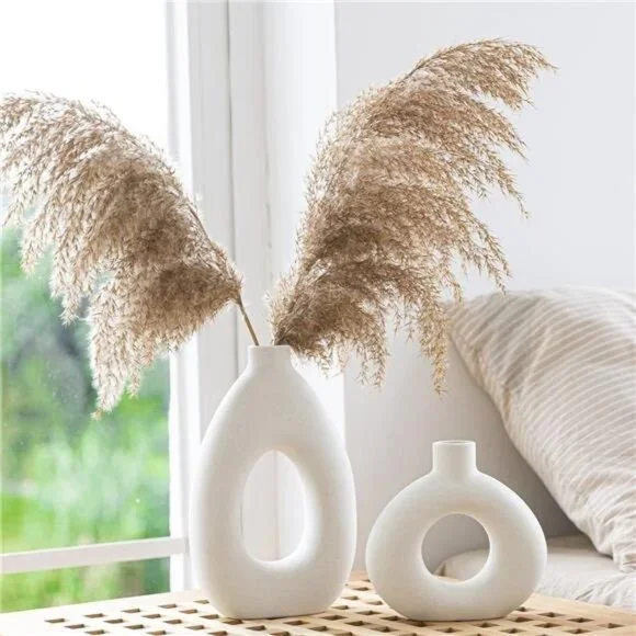 NEW West Elm (Set 2) Large White Abstract Boho Ceramic Boho Flower Vase Vases