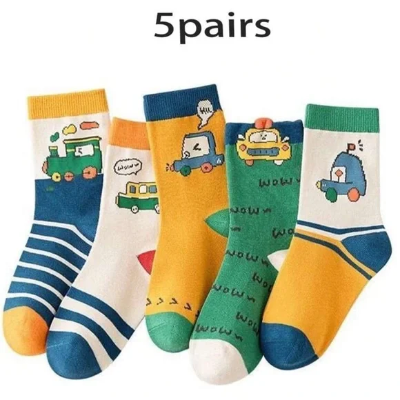 Colorful Cartoon Vehicle Kids Socks - (5 pack)