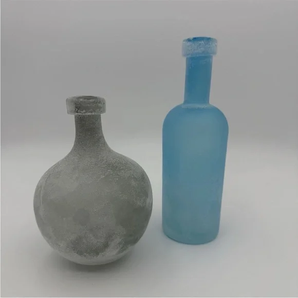West Elm Frosted Vases (2), 9.5” Aqua Blue Bottle Vase And 7.5” Grey Round Vase