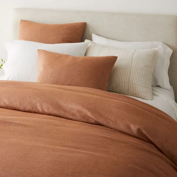 West Elm Belgian Flax Linen King Duvet Cover & Euro Shams Terracotta Melange