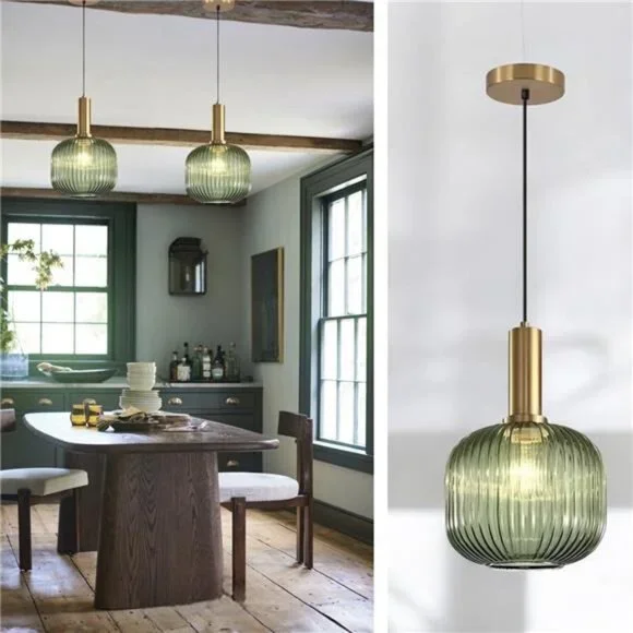NEW West Elm Vintage Retro Green Glass Globe Hanging Gold Pendant Light Fixture