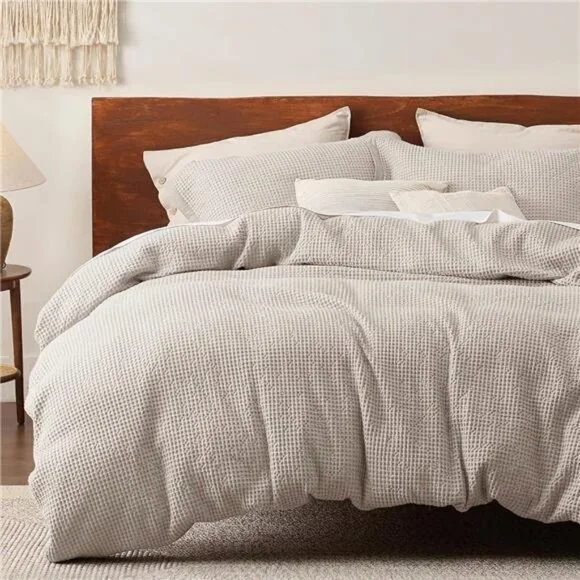 NEW West Elm Beige Waffle Weave Queen King 100% Cotton Bedding Duvet & Sham Set