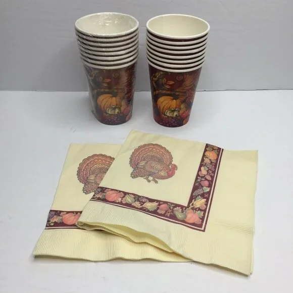 Thanksgiving Themed Turkey Paper Hot Cold Cups & Napkins Set