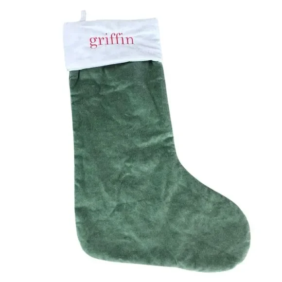 West Elm Green Velvet Large Holiday Christmas Stocking Monogrammed Griffin NEW