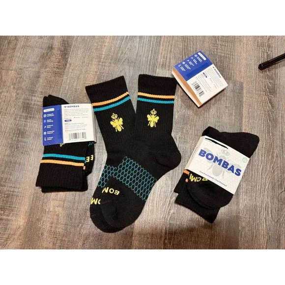 Bombas Kids XS Calf Socks Black Teal Orange Stripe Honeycomb Arch Support 3 Pair
